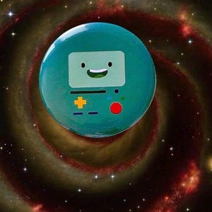 May include: A circular teal button featuring a graphic of a smiling character with a rectangular face, a yellow plus sign, a red circle, and a small blue triangle. The character design includes black eyes and a white mouth with a visible tooth.