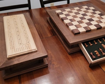 Premium Chess and Cribbage Boards - Matching Set -  Solid Walnut and Maple - Hand Made