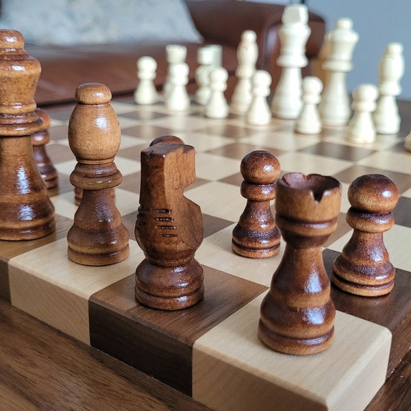 Wood Chess Set - Raised Board - Solid Walnut and Maple - Coffee Table Size - Hand Made