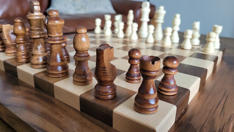 Wood Chess Set Raised Board Solid Walnut and Maple Coffee Table Size Hand Made image 1