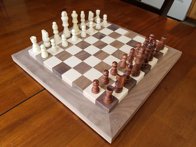 Wood Chess Set Raised Board Solid Walnut and Maple Coffee Table Size Hand Made image 5