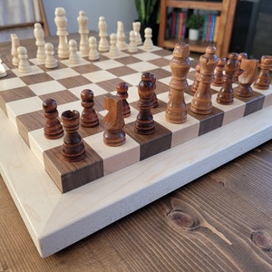 Wood Chess Set - Raised Board - Solid Walnut and Maple with Maple Border - Coffee Table Size - Hand Made Board