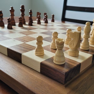 Wood Chess Set - Raised Board - Solid Walnut and Maple - Large - Hand Made