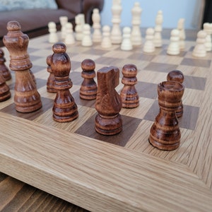 Wood Chess Set Solid Walnut and Oak Board with Oak Border Coffee Table Size Hand Made image 1