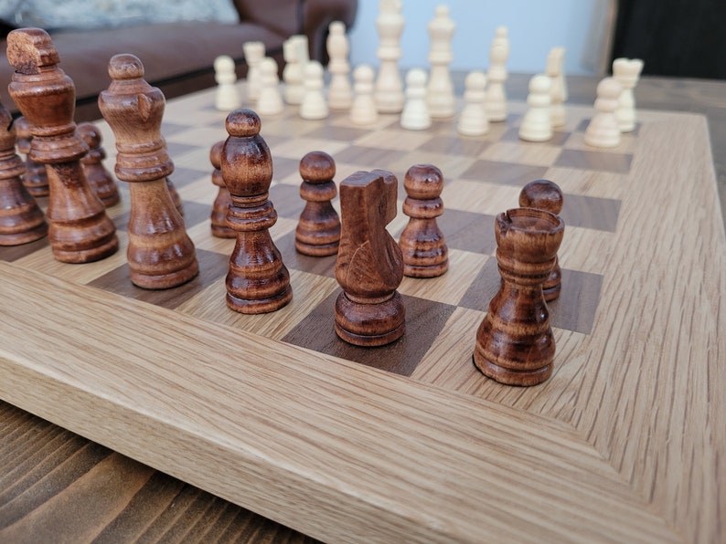 Wood Chess Set Solid Walnut and Oak Board with Oak Border Coffee Table Size Hand Made image 1