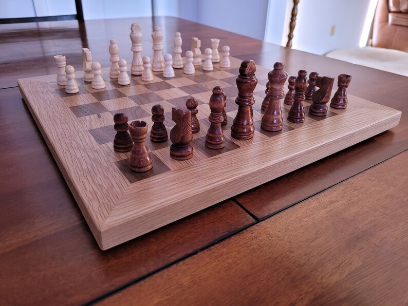 Wood Chess Set Solid Walnut and Oak Board with Oak Border Coffee Table Size Hand Made image 2