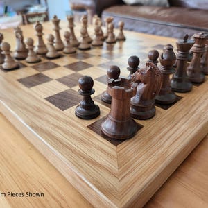 Wood Chess Set - Solid Walnut and Oak Board with Oak Border - Coffee Table Size - Hand Made
