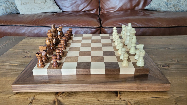 Wood Chess Set Raised Board Solid Walnut and Maple Coffee Table Size Hand Made image 6