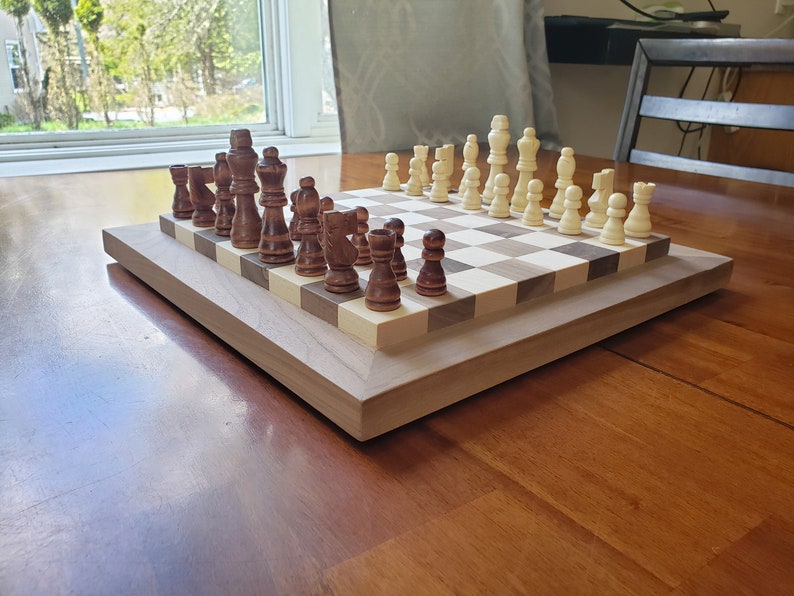 Wood Chess Set Raised Board Solid Walnut and Maple Coffee Table Size Hand Made image 4