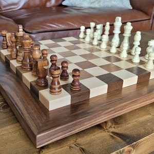 Wood Chess Set Raised Board Solid Walnut and Maple Coffee Table Size Hand Made image 2