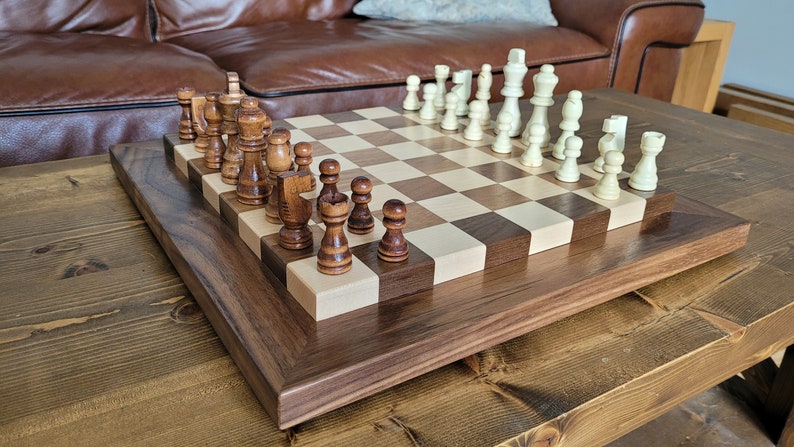 Wood Chess Set Raised Board Solid Walnut and Maple Coffee Table Size Hand Made image 2