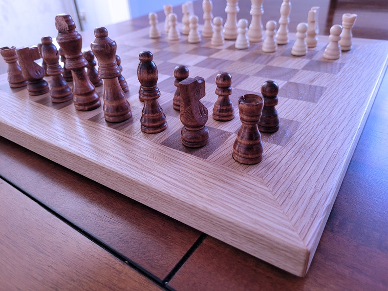 Wood Chess Set Solid Walnut and Oak Board with Oak Border Coffee Table Size Hand Made image 3