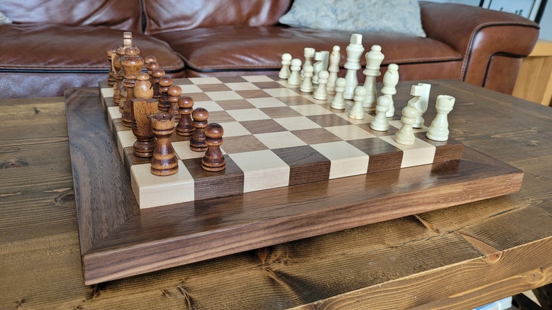 Wood Chess Set Raised Board Solid Walnut and Maple Coffee Table Size Hand Made image 3
