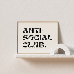 May include: A framed print with the text "ANTI-SOCIAL CLUB." in black lettering on a white background. The print is sitting on a white shelf with a white decorative arch.