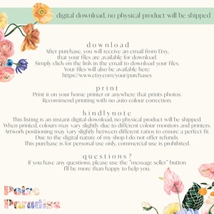 May include: Digital download instructions for a printable design. The text explains that the design is an instant download, no physical product will be shipped, and that colors may vary slightly due to different monitors and printers. The text also states that the purchase is for personal use only, commercial use is prohibited.