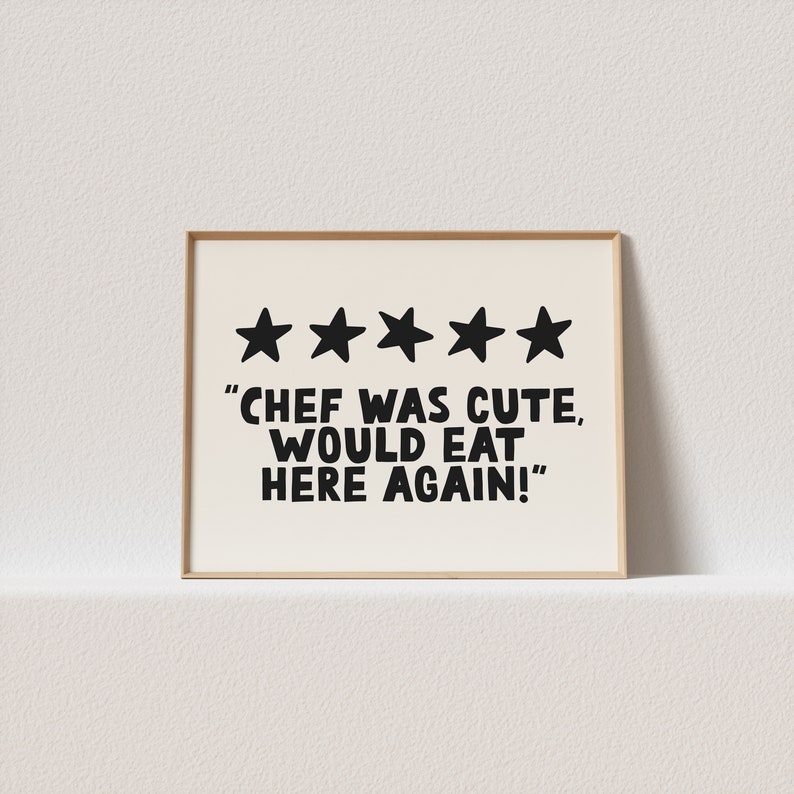Quirky Retro Poster Landscape Wall Art for Trendy Apartments - Funny Kitchen Poster - 'Chef Was Cute Would Eat Here Again' - Food Lover image 1