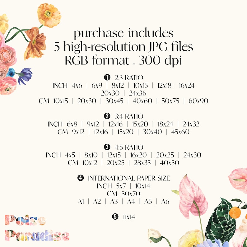 May include: A chart showing five different sizes of digital downloads for printable art. The sizes are listed in inches and centimeters. The chart is titled "purchase includes 5 high-resolution JPG files RGB format. 300 dpi".