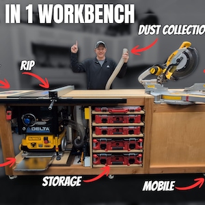 Może przedstawiać: Wielofunkcyjny stół warsztatowy z piłą ukośnicą, frezarką i strugarką. Zawiera odsysanie pyłu, schowki i jest mobilny. Tekst "ALL IN 1 WORKBENCH" znajduje się na górze obrazu.