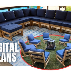 May include: A large outdoor sectional sofa with blue cushions and a wooden frame. The sofa is arranged in an L-shape and is surrounded by a circle of smaller chairs with blue cushions and wooden frames. The chairs are arranged around a fire pit. The text "DIGITAL PLANS" is visible in the lower left corner of the image.