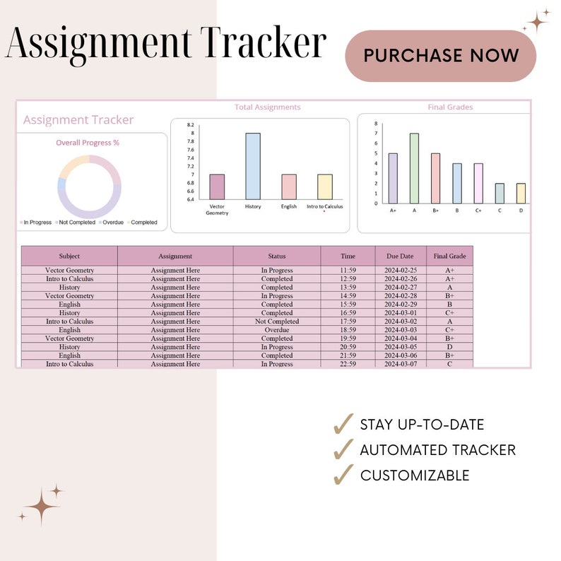 Assignment Tracker School Spreadsheet Excel Workbook Google Sheets ...