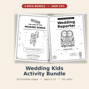 May include: A 2-pack bundle of wedding activity books for kids. The left cover reads The Case of the Missing Rings, A Wedding Detective Activity Book for Kids Ages 5-12. The right cover reads Wedding Reporter with a cake illustration.