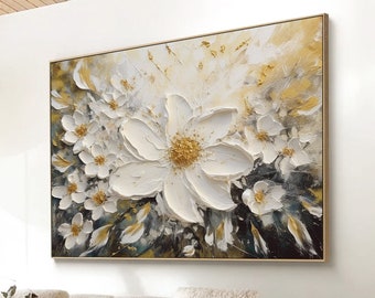 Peinture de texture de fleur 3D Grande fleur de cerisier texturée blanche Art Grande peinture de fleur blanche Peinture au couteau moderne Peinture décorative