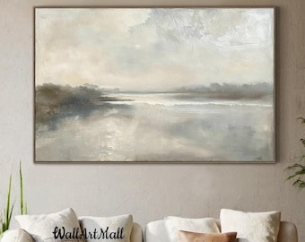 Soft Beige Gray Painting Wabi-Sabi Abstract Canvas Wall Art, Neutral Minimalist Painting Rural Swamp Landscape Art