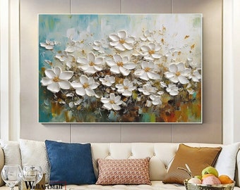 Peinture abstraite de toile de fleurs en fleurs Grande peinture de fleur texturée originale Peinture murale texturée blanche Art mural de salon moderne