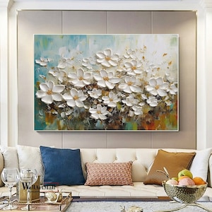 Abstrakte Blühende Blumen Leinwand Gemälde Große Original Strukturierte Blumen Gemälde Weiße Strukturierte Wandkunst Moderne Wohnzimmer Wandkunst