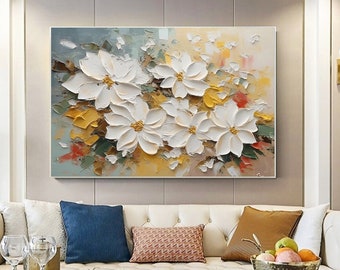 Peinture de texture florale 3D sur toile originale peinture de fleur de cerisier texturée blanche grand mur art couteau peinture peinture de texture blanche