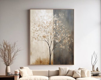 Large Customized Beige Tree Canvas Oil Painting Original Abstract Landscape Wall Home Decor Modern Texture Natural Scenery Bedroom Decor