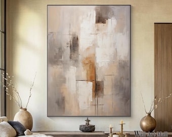 Pintura abstracta marrón y gris, gran pintura abstracta con textura gris, arte mural abstracto minimalista marrón, arte decorativo estilo wabi-sabi