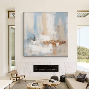 Blue And Beige Abstract Painting Beige Acrylic Abstract Painting Blue Minimalist Wall Art Framed Painting For Bedroom Decoration