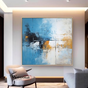 Large Blue Minimalist Abstract Painting Modern Acrylic Canvas Art Gray Abstract Wall Art Orange Painting Living Room Decoration Painting