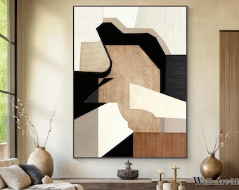 Pintura abstracta grande en beige y negro, estilo wabi-sabi, arte geométrico abstracto marrón, pintura decorativa en tonos neutros.