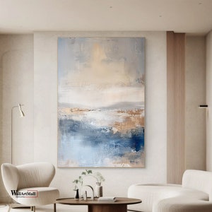 Large Blue Canvas Minimalist Painting Blue and Beige Abstract Wall Art Beige Abstract Abstract Painting Modern Ocean Landscape Painting