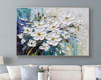 Fleur blanche Texture mur Art Blooming fleur peinture sur toile grande fleur blanche peinture bleu acrylique peinture moderne Texture Wall Art