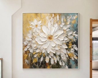 3D Grande Fleur Blanche Texture Peinture Acrylique Originale Peinture Texture Lourde Peinture Paysage Abstrait Mur Art Fleur Décoration Murale