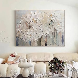Abstract Floral Painting Large Beige Textured Flower Painting 3D Textured Wall Art Beige  White Minimalist Art Modern Bedroom Decor Painting