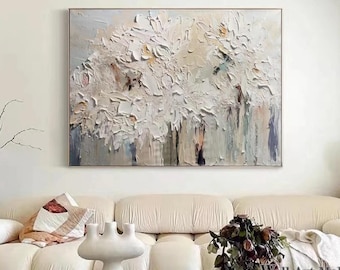 Abstract Floral Painting Large Beige Textured Flower Painting 3D Textured Wall Art Beige  White Minimalist Art Modern Bedroom Decor Painting