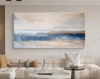 Large Blue and Beige Ocean Painting Original Hand Painted Sea Landscape Painting Beige Textured Abstract Wall Art Light Blue Painting
