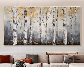 Abstract Forest Canvas Painting Large Original Textured Gray Winter Birch Forest Landscape Acrylic Painting Living Room Wall Art Decoration