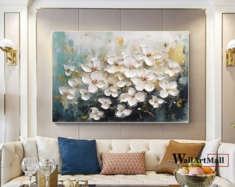 Grande fleur blanche peinture 3D texturé toile peinture à l'huile peint à la main fleur Palette couteau peinture moderne fleur peinture décorative