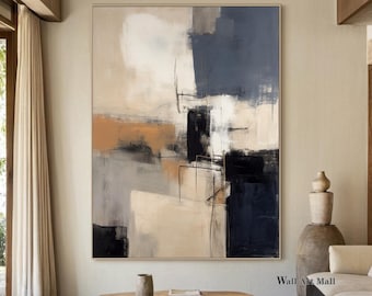 Pintura al óleo abstracta texturizada neutra en marrón y negro, lienzo minimalista, arte abstracto para pared, pintura azul grande, pintura para sala de estar