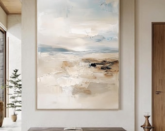 Blue And White Abstract Wall Art Original Beach Texture Painting Beige Abstract Beach Art Seascape Painting Modern Living Room Wall Art