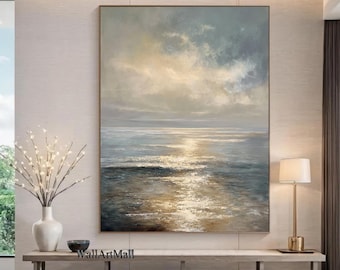 Blue Ocean Wall Art Original Wave Texture Painting Beige Abstract Ocean Art Large Seascape Painting Modern Living Room Wall Decor Painting