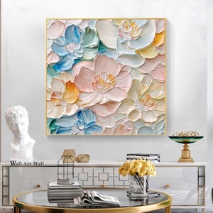 Colorful 3D Texture Flower Painting Large Abstract Pink Flower Painting Bright Flower Abstract Painting Acrylic Texture Wall Art