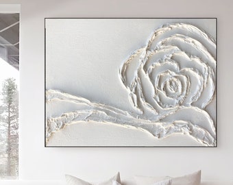 Large Flower Texture Abstract Painting 3D White Flower Abstract Wall Art Minimalist White Painting Modern Flower Abstract Wall Art Home Art