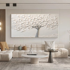 Original 3D Textured Tree Canvas Oil Painting White Textured Abstract Painting White Textured Wall Art Tree Painting Acrylic Knife Painting