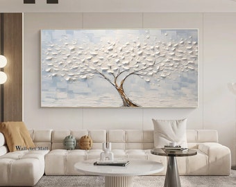 3D Texture Abstract White Painting Original Tree Minimalist Abstract Wall Art White Blue Wall Art White 3D Texture Wall Art Tree Painting